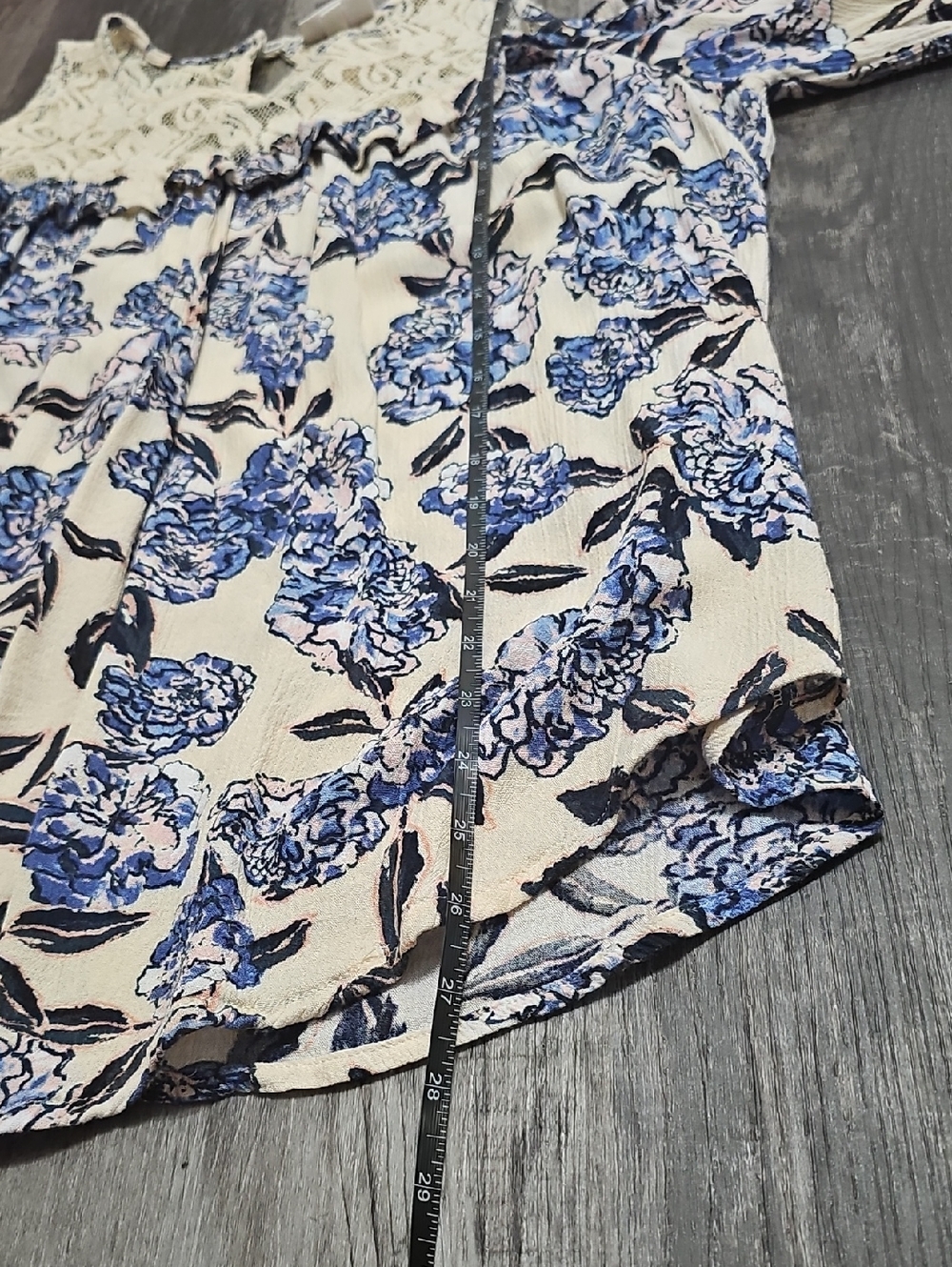 Shyanne Cream Cold-Shoulder Top with Blue Floral Print and Lace Yoke - Picture 7 of 8